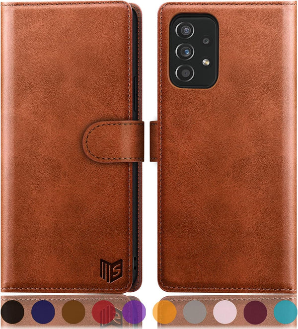 SUANPOT Leather Wallet Case for Samsung Galaxy A52 4G & 5G, RFID Credit Card Holder, Shockproof Cover, Light Brown