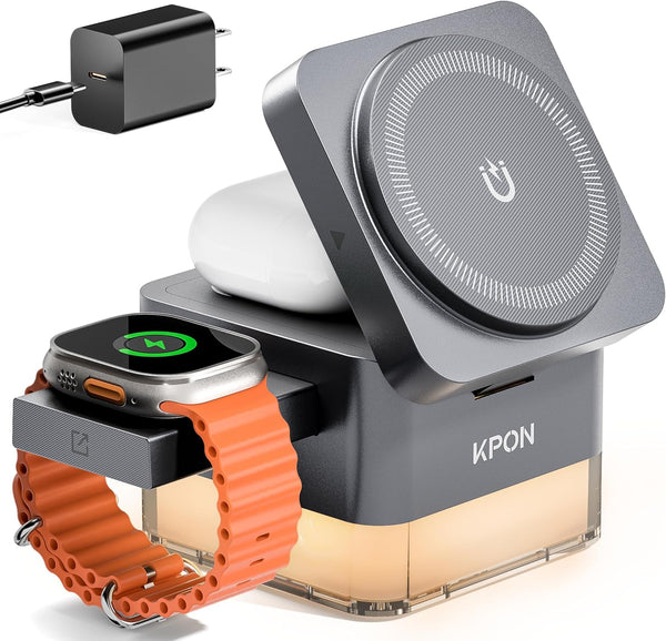 KPON for iPhone Nightstand Charging Station,15W 3 in 1 Wireless Phone Charger Stand