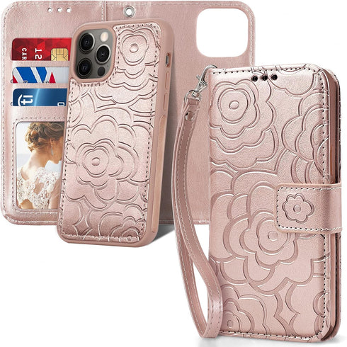 CASEOWL Detachable Wallet Case for iPhone 13 Pro Max, Folio Flip Leather Case with RFID Card Holder Strap - Camellia