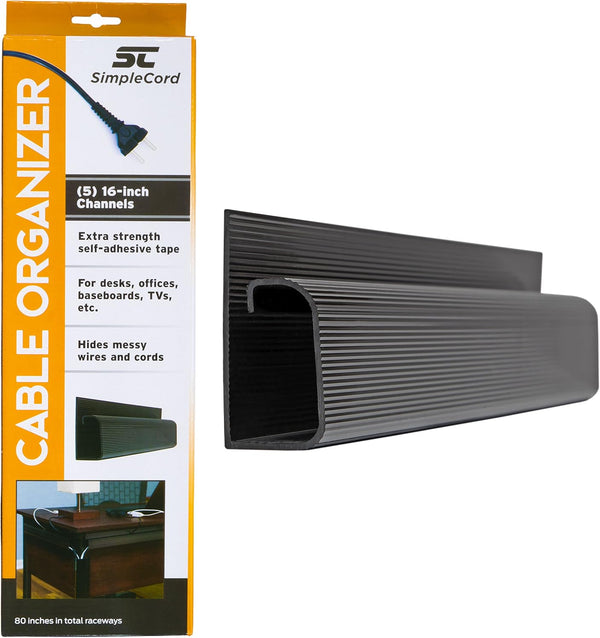 J Channel Desk Cable Organizer by SimpleCord - 10 Black Raceway Channels for Cord Management