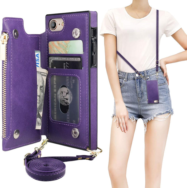 Bocasal Crossbody Wallet Case for iPhone SE 2022/SE 2020/7/8, Card Holder, Zipper Slot, Shockproof Purse Cover (Purple)