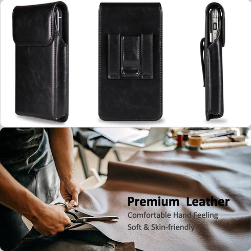 Premium Leather Phone Holster for iPhone 15, 14, 13, 12, 11, XR & Galaxy S24, S23, S22 - Black with Belt Clip.