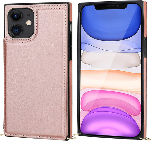 Bocasal Crossbody Wallet Case for iPhone 11, 6.1 inch, Rose Gold, PU Leather, Credit Card Holder, Shockproof,