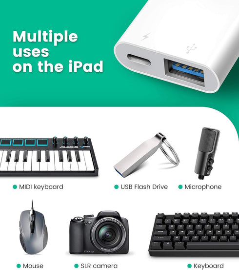 USB Adapter for iPhone/iPad, L?ghtn?ng to USB Female OTG Adpater,USB3 to iPad Adapter with Charging Port,Supports FlashDrives,MIDI,SD Card Reader and Mouse,Plug&Play