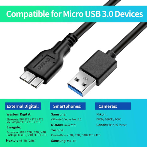 Micro B Cable, USB 3.0 A Male to Micro USB 3.0 Sync Cord for Toshiba, Seagate, Samsung, WD External Hard Drives