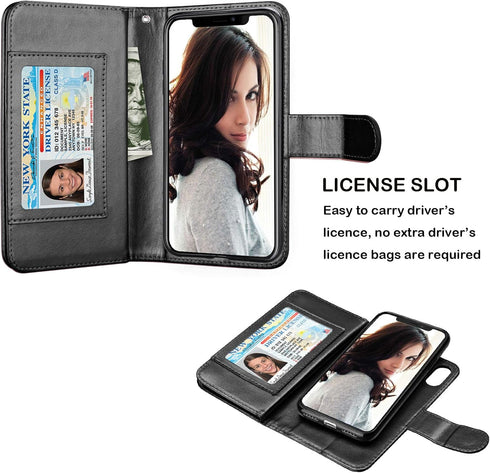 NJJEX Wallet Case for iPhone XR - PU Leather with 9 Card Slots, Detachable Kickstand, Magnetic Cover (Black)