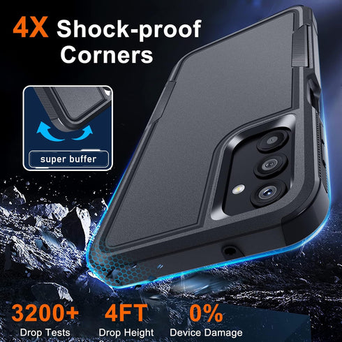 for Samsung Galaxy A25 Case, Full Body Heavy Duty Rugged Shockproof Protective Phone Cover with Lanyard Strap, Tempered Glass Screen Protector, Black Matte