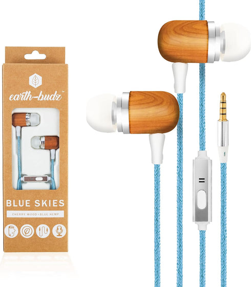 Earth-Budz Genuine Wood Earbuds | in-Ear Noise-Isolating Headphones with in-line Microphone (Blue Skies)