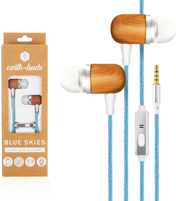 Earth-Budz Genuine Wood Earbuds | in-Ear Noise-Isolating Headphones with in-line Microphone (Blue Skies)