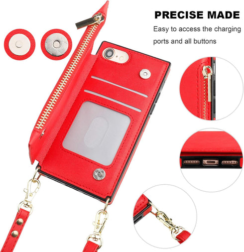 Bocasal Crossbody Wallet Case for iPhone SE 2022/SE 2020/7/8, Card Holder, Zipper Slot Protector, 4.7 Inch