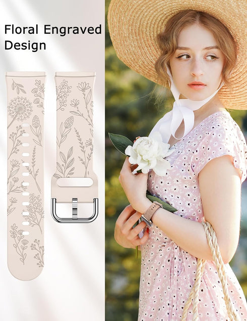 Minyee 3 Packs Floral Engraved Band for Fitbit Versa 4/3/Sense 2, Soft Silicone Dandelion Pattern Strap
