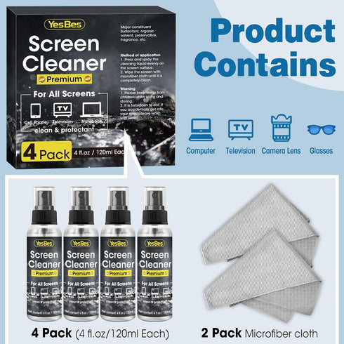 Screen Cleaner Spray 16oz (4oz x 4 Pack) - TV Screen Cleaner Spray and 2 Microfiber Cloths, Computer Screen Cleaner & Car Screen Cleaner for TV, Monitor, Laptop, MacBook, iPad and Electronic Devices