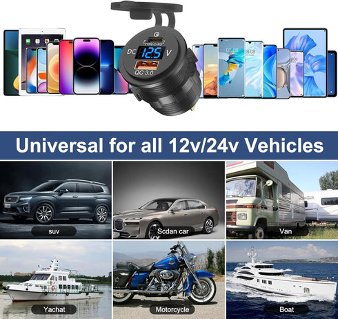 48W 12V USB Outlet USB C Car Socket, PD 30W and QC 18W Waterproof Car Charger Power Outlet with LED Voltmeter