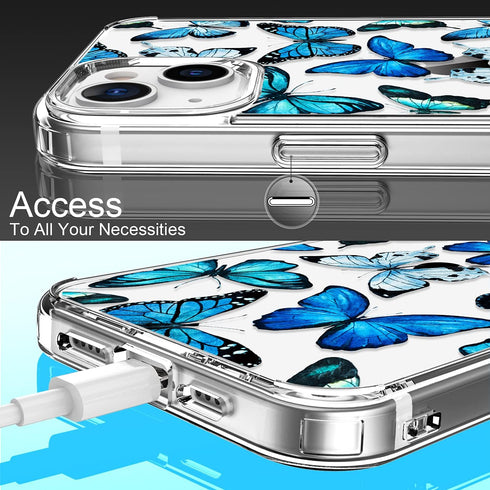 LUHOURI Case for iPhone 13 Mini - Crystal Acrylic Clear with Screen Protector, Slim Fit Floral Blue Butterflies