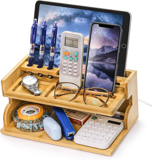 Yopay Nightstand Organizer for Men, Luxury Bamboo Phone Docking Station for Dad Husband, Charging Organizer Cell Phone