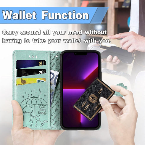 CCSmall PU Leather Flip Wallet Case for iPhone 14 Plus, Cute Cat Dog Cartoon Style with ID Card Holder