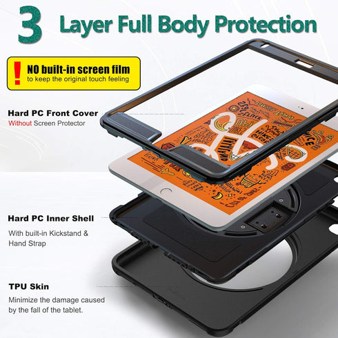 iPad Mini 5 Case 2019, iPad Mini 4 Case, BATYUE Heavy Duty Rugged Protective Case with 360 Rotation Stand (Black)