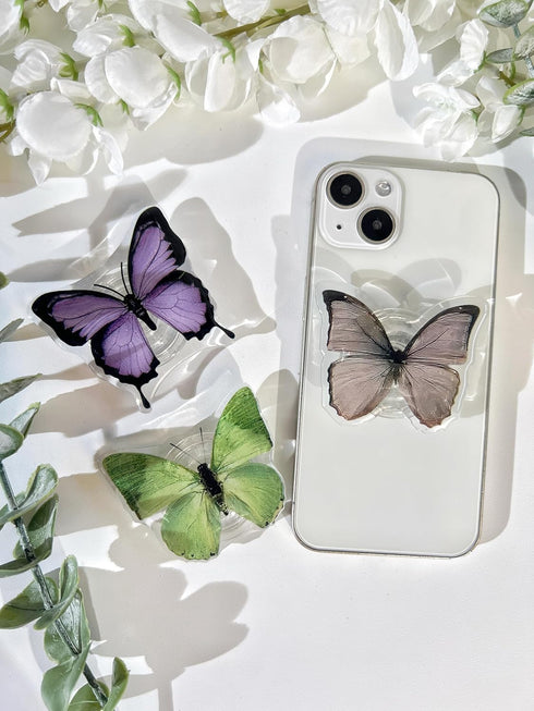Butterfly Sticky Mobile Phone Grip, Clear Stand, Expanding Charms Accessory, Interchangeable Finger Kickstand