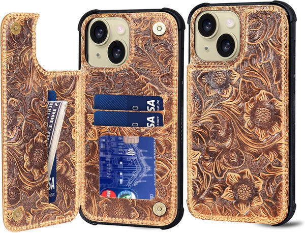 RMAWRAD Wallet Real Leather Case Compatible with iPhone 15 6.1" Genuine LeatherShockproof, Anti-Fall
