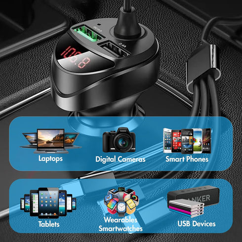 Retractable Car Charger 5 in 1 with Voltage Monitoring LED Display, 18W Car Phone Charger with Built-in Retractable