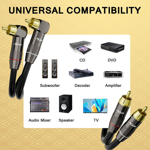 RCA Cable 20 FT, 90 Degree Right Angle 2RCA to 2RCA Stereo Audio Cable, Gold-Plated Plug, for Home Theater, Subwoofer,