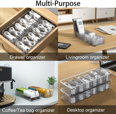 Cable Storage Boxes Organizers 2 Pack, Stackable Cord Charger Storage Organizer Box Case with 20pcs Cable Ties, Clear