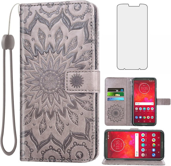 Phone Case for Motorola Moto Z3 / Z3 Play, Wallet Cases with Tempered Glass Screen Protector, Leather Magnetic Flip