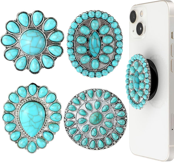 4 Pieces Turquoise Western Phone Grip Charm Teardrop Flower for Smartphones and Tablets (Classic Style)