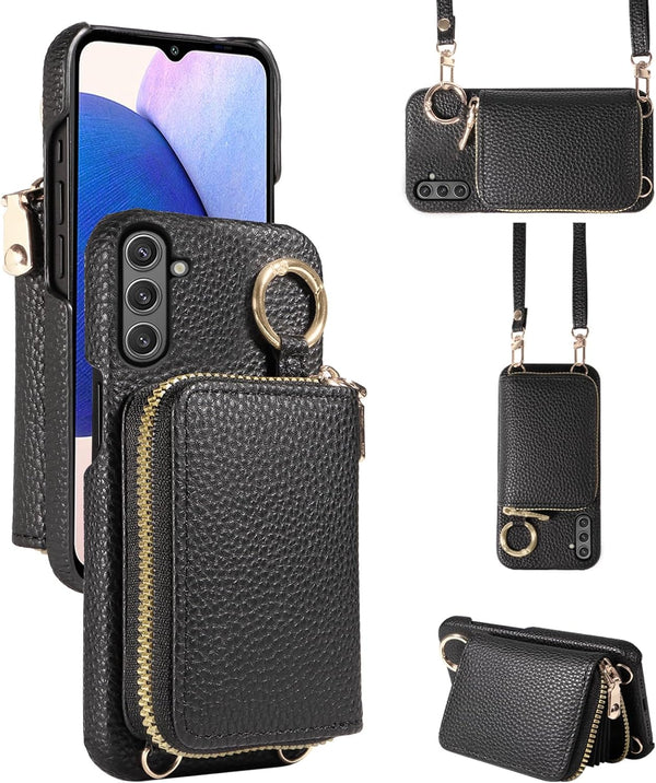 Furiet Wallet Case for Samsung Galaxy A14/M14 5G, Shoulder Strap Ring Buckle, Luxury PU Leather Zipper Flip Organ Purse