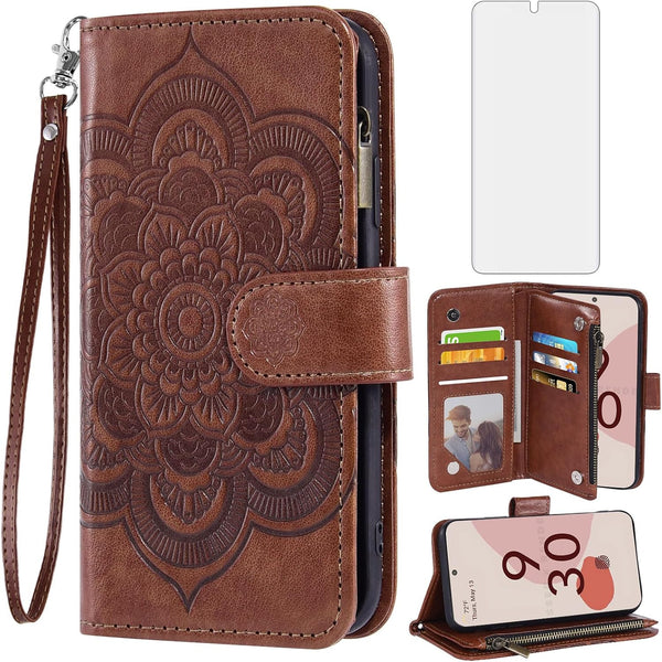 Asuwish Wallet Case for Google Pixel 6 with Tempered Glass Screen Protector, Flower Leather Flip, Card Holder, Brown