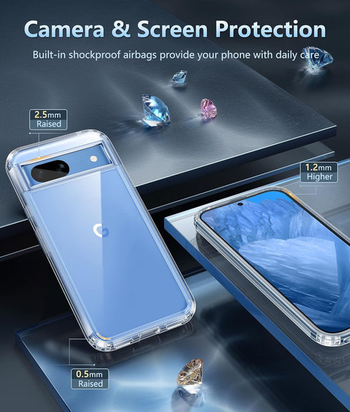 FNTCASE Clear Case for Google Pixel 8a: Military Grade Drop Protection, Anti Yellowing, Wireless Charging Support -