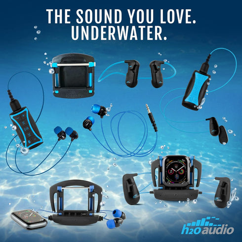 H2O Audio Surge+ Swim Headphones | 100% Waterproof, Noise Canceling, Dustproof, Black/Blue