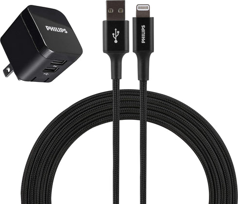 Philips 2 Port Wall Charger Charging Kit, 12W, USB-A to Lightning Cable, for iPhone 12/11/Pro/Max/XS/XR/X/8, iPad Pro,