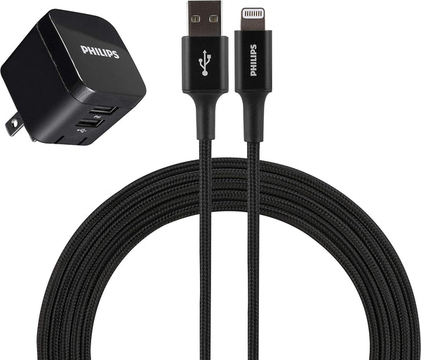 Philips 2 Port Wall Charger Charging Kit, 12W, USB-A to Lightning Cable, for iPhone 12/11/Pro/Max/XS/XR/X/8, iPad Pro,