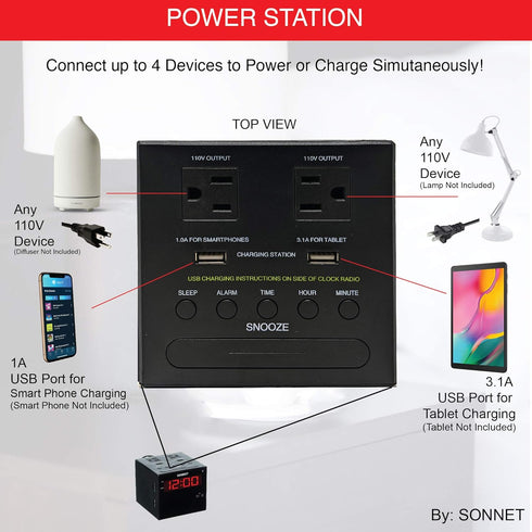 Sonnet Alarm Clock Charging Station, Bluetooth Speaker, AM FM Radio, Dual USB Charging Ports for Heavy Sleepers