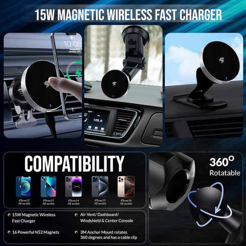 15W Fast Magnetic Wireless Car Charger, Magsafe Car Charger with 3 Mounting Options, Quick Charge 3.0 for iPhone
