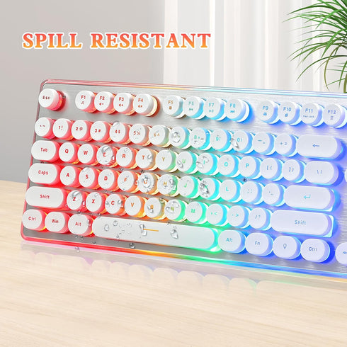 Typewriter Style Keyboard, 104 Keys USB Wired Retro with Metal Panel, Rainbow LED Backlit, Spill Resistant for