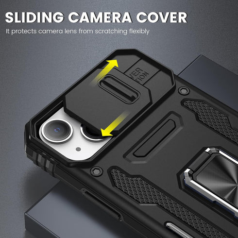 Maxdara iPhone 14/13 Case, Black - 360° Rotating Ring Kickstand, Slide Camera Cover & Glass Screen Protector, 6.1"