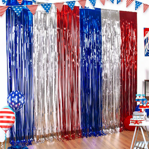 LOLStar 4th of July Decorations, 3 Pack Red White Blue Tinsel Foil Fringe Curtains, Photo Booth Prop Streamer Backdrop