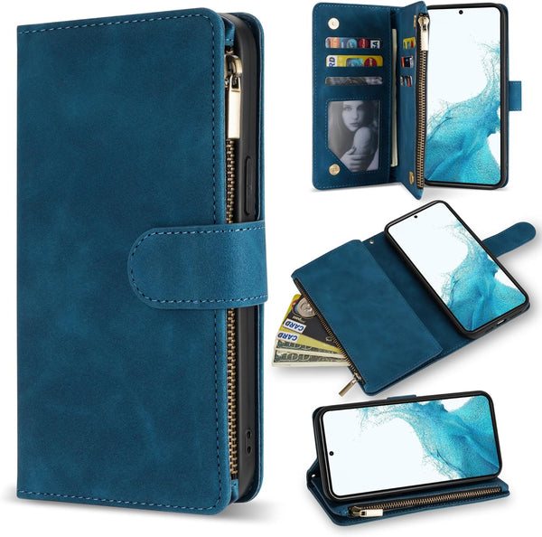 ZZXX Blue Samsung Galaxy S22 Case Wallet - Premium Soft PU Leather Zipper Flip Folio with Card Slot, Kickstand