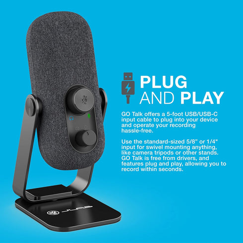 JLab Go Talk USB Microphone, Black, USB-C Output, Cardioid or Omnidirectional, Plug and Play with Volume Control