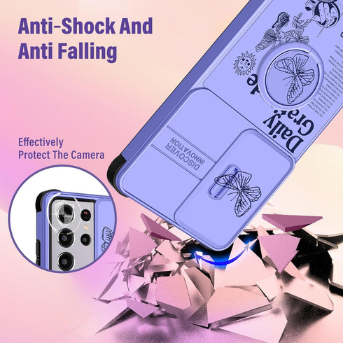 2in1 Samsung Galaxy S21 Ultra Case for Women, Cute Girls Butterfly Phone Cover with Camera Cover + Ring Stand
