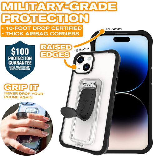 Scooch iPhone 15 Case with Stand, 5-in-1 Kickstand Case, Military Grade Drop Protection, Pop-Out Kickstand, Grip - Black