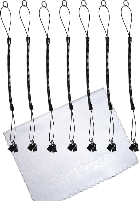Elastic Tether Coiled Spring Lanyards with USB Type C and Lightning Plug for Stylus Pens and Small Items (7 Pack, Black)