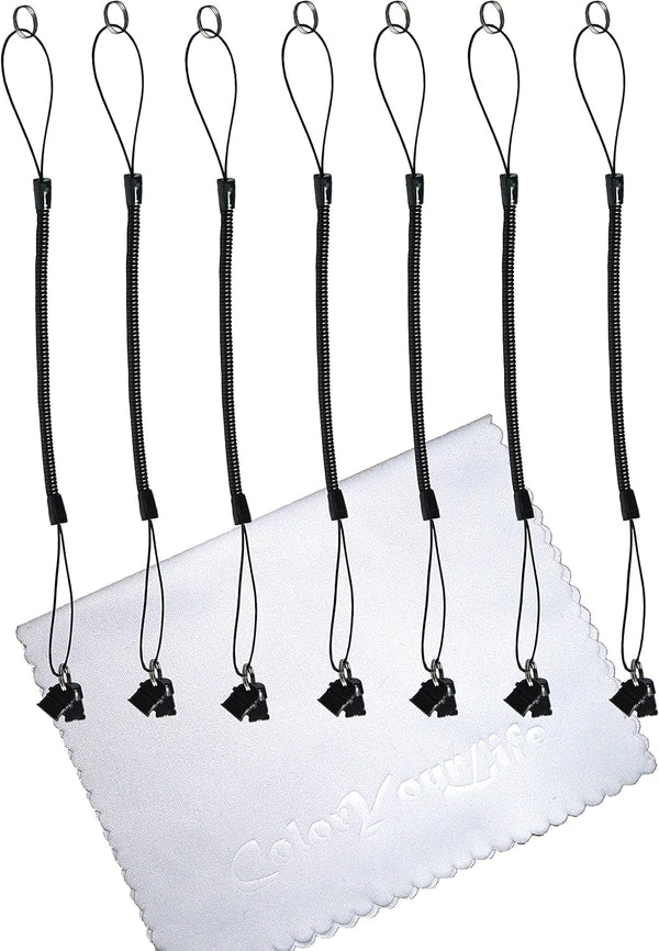 Elastic Tether Coiled Spring Lanyards with USB Type C and Lightning Plug for Stylus Pens and Small Items (7 Pack, Black)