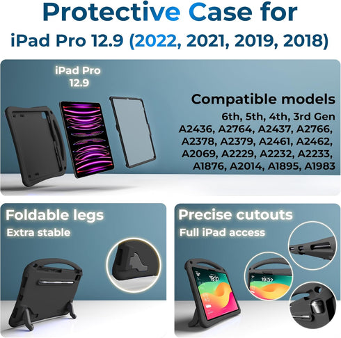 Bam Bino Space Suit Kids Case for iPad Pro 12.9" (2018-2022) Models, Screen Guard, Handle, Shoulder Strap, Cosmic Black