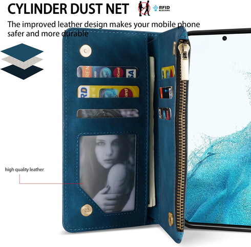 ZZXX Blue Samsung Galaxy S22 Case Wallet - Premium Soft PU Leather Zipper Flip Folio with Card Slot, Kickstand