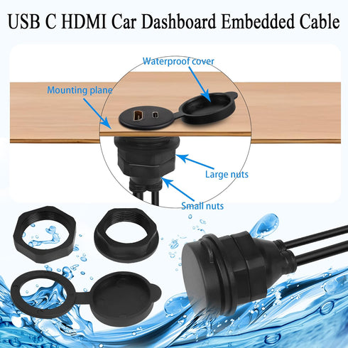 QIANRENON USB C & HDMI Waterproof Cable Adapter, 4K@60HZ, 1m/3.3ft for Car, Dashboard, Desk, USB C 2.0 + HDMI 1.4