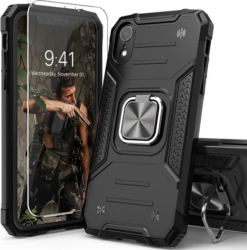 iPhone XR Case with Screen Protector, Shock Absorption Heavy Duty Cover with Kickstand, Black
