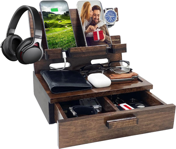 Gifts for Men Women Nightstand Organizer, Wood Phone Docking Station for Birthday, Mother's Day, Christmas, Walnut